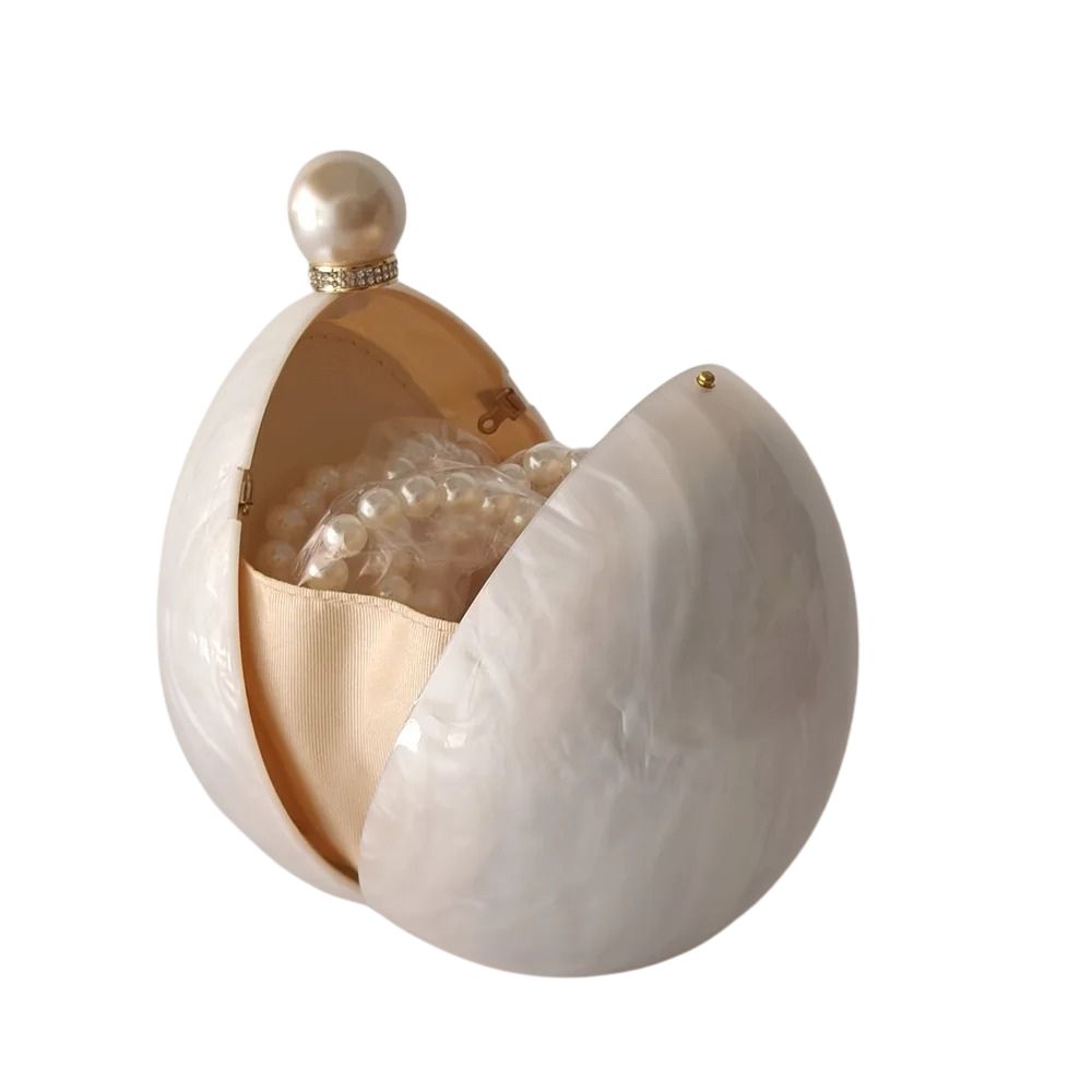 Eiförmige Acryl-Box-Clutch • Elegante perlweiße Abend- und Brauthandtasche